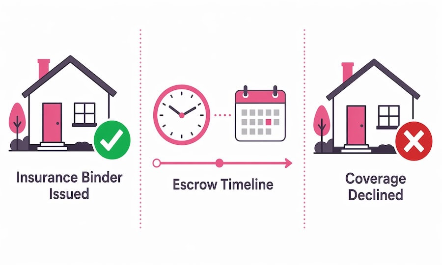 Insurance binder issued vs. coverage declined during escrow timeline infographic