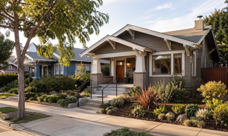 Wide editorial photo of a well-maintained Craftsman bungalow on a residential street in North Park, San Diego, featuring a clean exterior, solid roof, trimmed landscaping, front steps with handrails, and warm afternoon light.