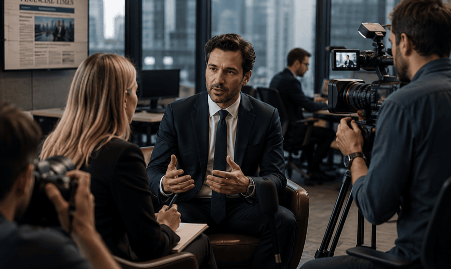 Global Talent Visa applicant giving an editorial interview to a UK financial publication