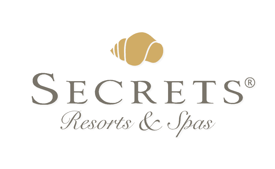 Sunny beach resort at secrets resorts and spas logo, vacation getaway destination.