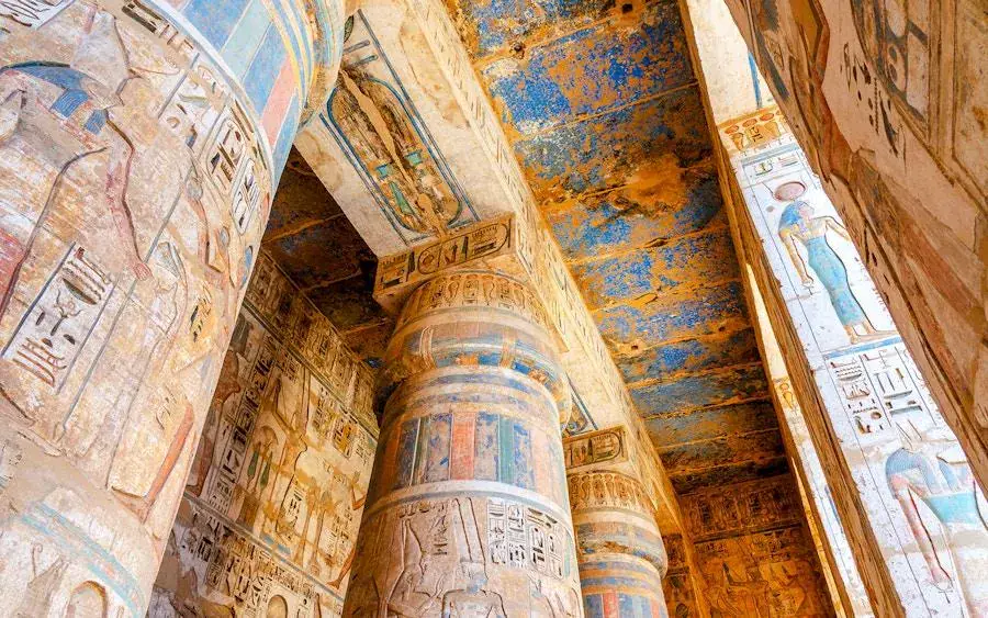 Painted columns preserving ancient colours inside Medinet Habu