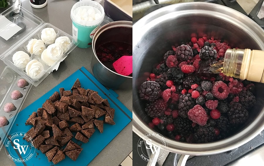 Meringue, chocolate brownies and truffles ready to be made. The frozen fruit mixed with the brandy on a low heat to make the coulis for the Black Forest Truffle Eton Mess.