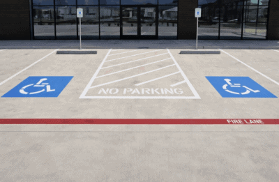 Parking lot with handicap stalls, fire lane, and fresh white stripes