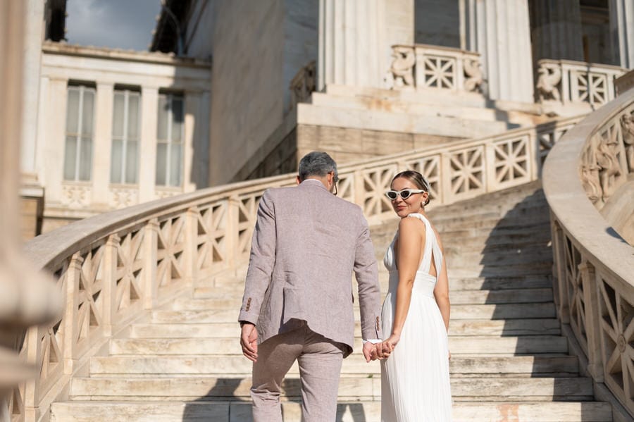 Romantic couple moment in Athens after civil wedding
