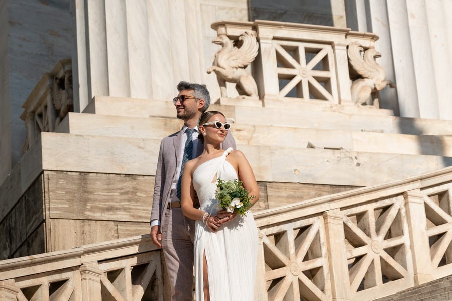 Romantic couple moment in Athens after civil wedding