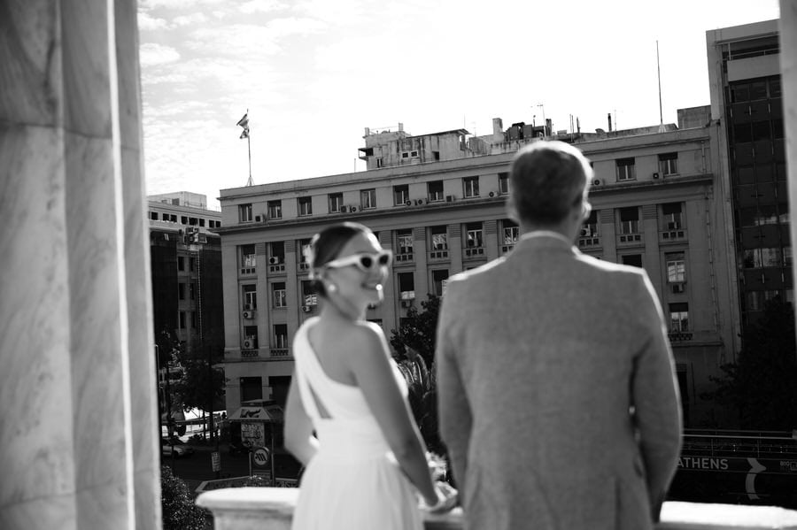 Romantic couple moment in Athens after civil wedding