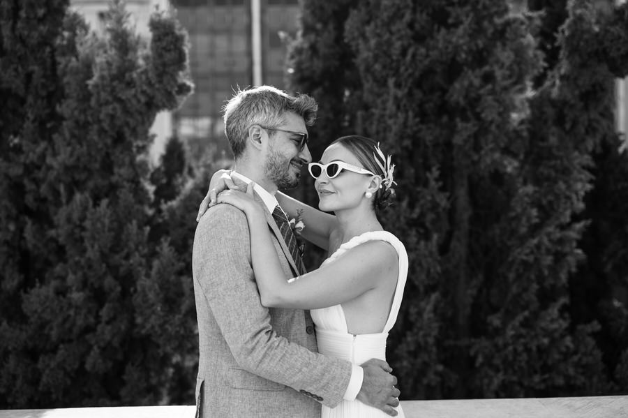 Romantic couple moment in Athens after civil wedding