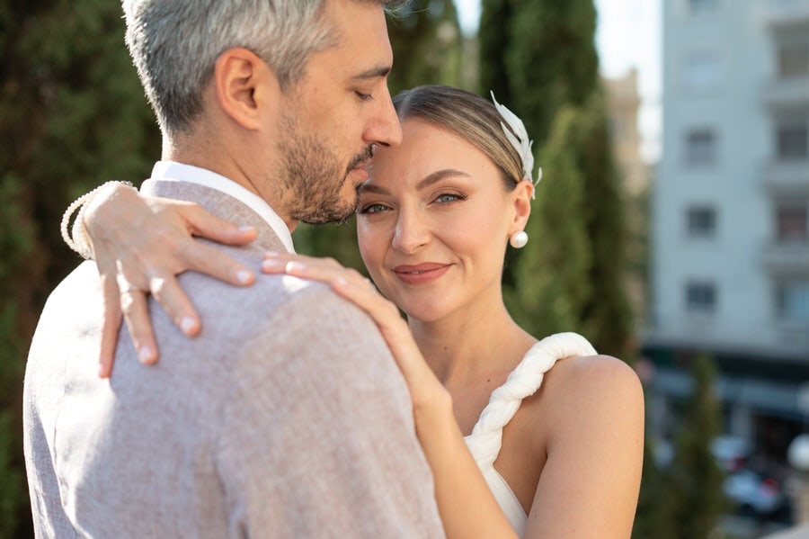 Romantic couple moment in Athens after civil wedding