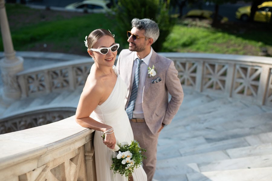 Romantic couple moment in Athens after civil wedding