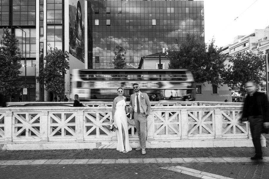 Stylish bride and groom in Athens architecture