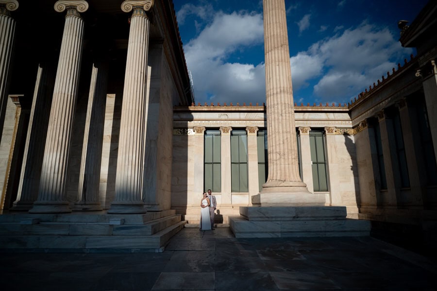 Stylish bride and groom in Athens architecture