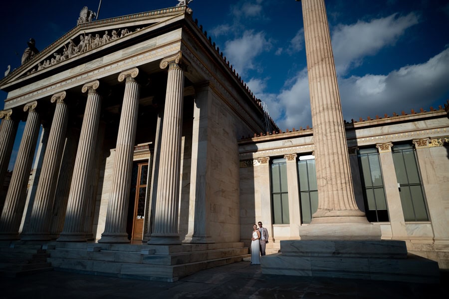 Stylish bride and groom in Athens architecture
