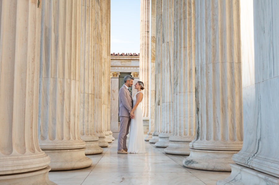 Stylish bride and groom in Athens architecture