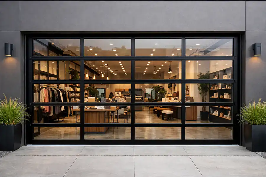 Commercial full-view glass overhead door for a modern boutique showroom, featuring high light transmission and industrial durability.
