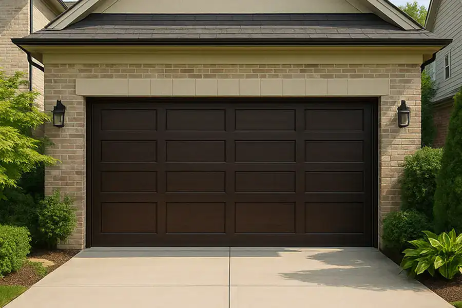 Dark brown sectional sectional door with classic raised panels on a brick house facade