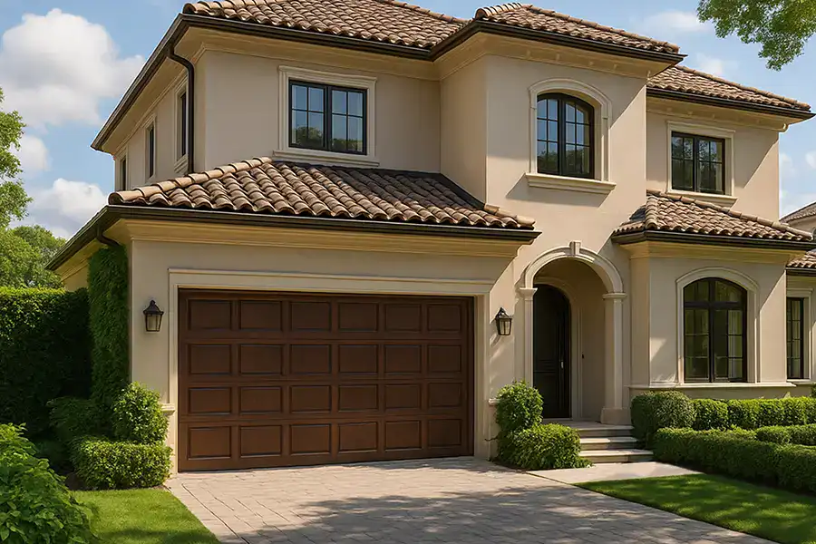 Custom dark walnut finish raised-panel steel sectional door on an elegant villa facade.