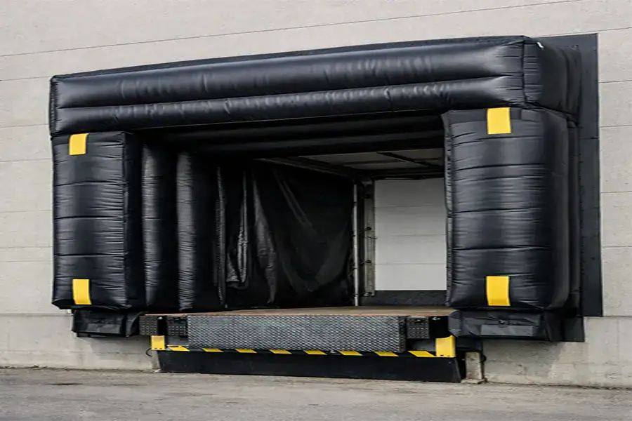 Heavy-duty black inflatable dock seal providing an airtight enclosure for loading bay energy efficiency.