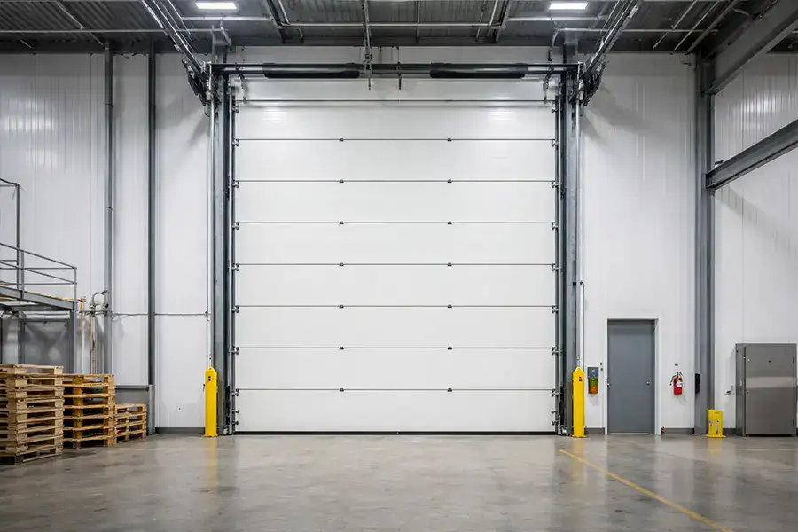 Extra-large vertical lift industrial door engineered for high-headroom factory environments and heavy manufacturing.