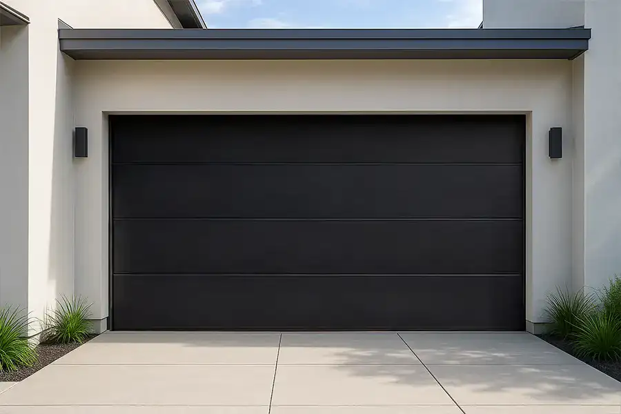 Modern minimalist black sectional door with sleek horizontal panels for contemporary homes