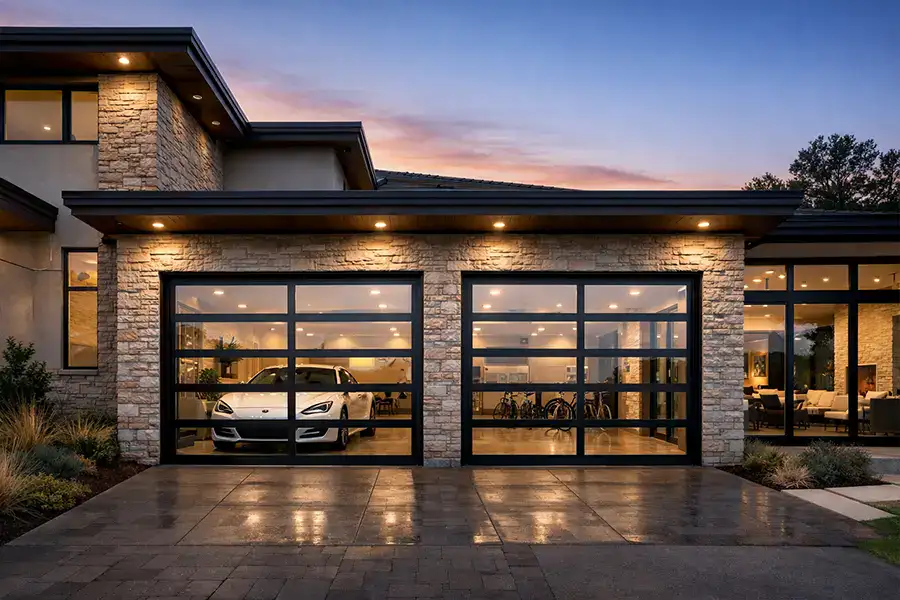 Modern full view glass sectional door with black aluminum frame and clear tempered glass, luxury villa sectional.