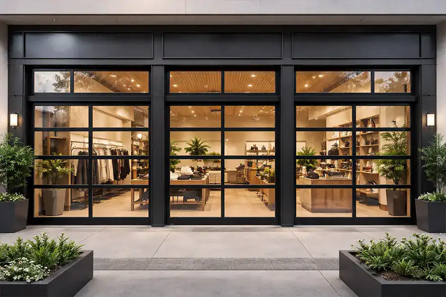 Modern retail storefront featuring a large black aluminum frame glass sectional sectional door with tempered safety glazing.