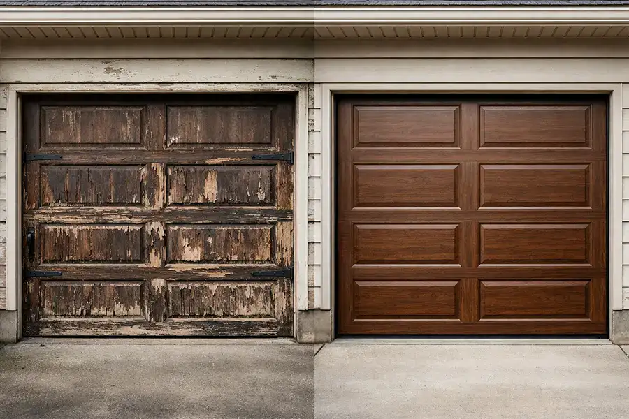 Visual comparison of a rotting real wood sectional door versus a high-performance ABX faux wood steel door, highlighting long-term maintenance ROI.