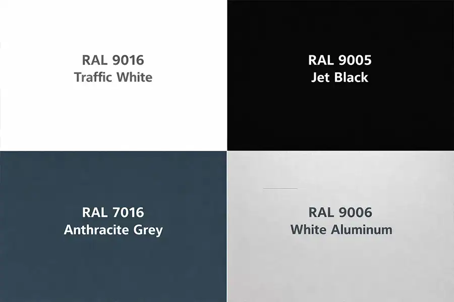 Custom color options for sectional doors including RAL 9016 Traffic White, RAL 9005 Jet Black, and Anthracite Grey.