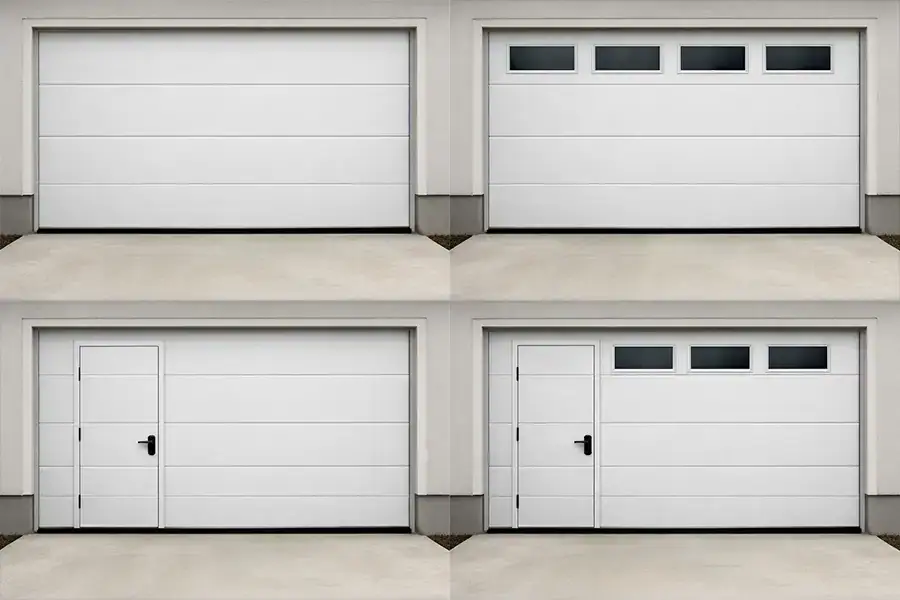 Customized sectional sectional door configurations with windows and integrated pedestrian wicket doors.