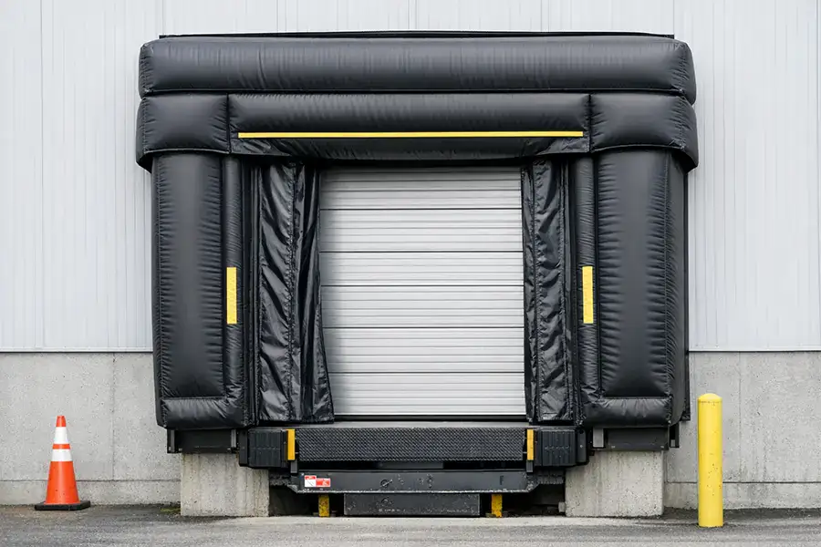 Warehouse inflatable dock shelter designed for cold chain logistics and extreme weather protection.