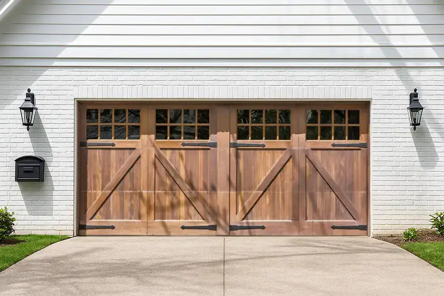 Traditional wood grain carriage house sectional door with windows and decorative X-brace design