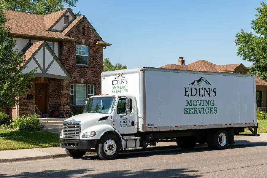 Professional, locally owned Denver moving company team loading a branded truck near a house, offering full-service packing and stress-free relocation.