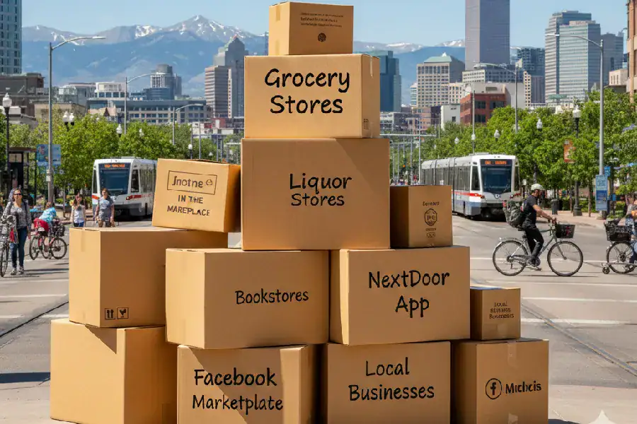 A large stack of cardboard moving boxes labeled with sources like 'Grocery Stores,' 'Liquor Stores,' and 'Facebook Marketplace,' set against a bright, sunny background of the Denver skyline and mountains, illustrating the top places to find free moving boxes in the Mile High City.