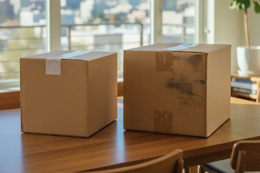 A side-by-side comparison on a wooden dining table, showing a pristine, clean new moving box next to a worn, slightly crushed used moving box in a Denver home, highlighting the difference in quality for fragile items.