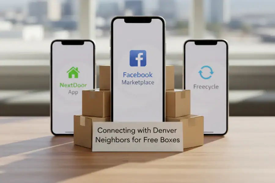 A close-up shot of a smartphone screen showing neighborhood app icons (like NextDoor or Facebook Marketplace) held up in front of a softly blurred Denver neighborhood street, representing connecting with neighbors online to find free moving boxes in Denver.