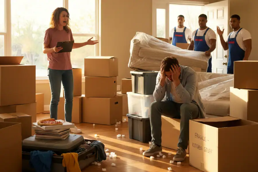 Stressed couple overwhelmed by boxes as movers arrive, illustrating the logistical issues and emotional toll of shifting moving timelines and temporary housing needs.