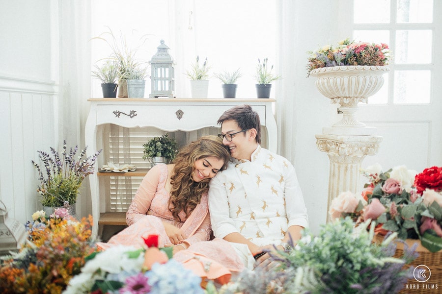 Prewedding Inside the house indoor garden flower shoulder couple