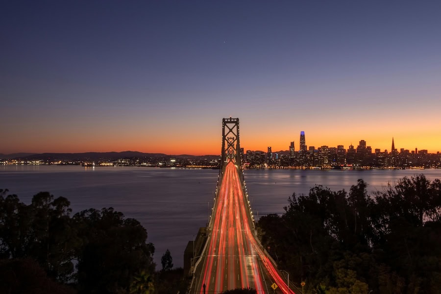 Evening shot of the bridge in San Francisco Bridge