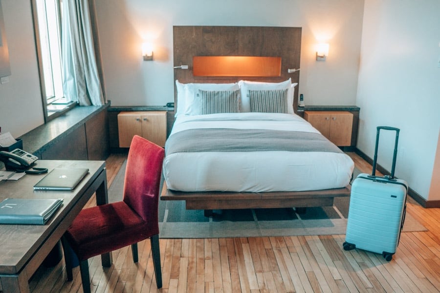 Hotel 71 in Quebec City, Canada, with an Away suitcase.