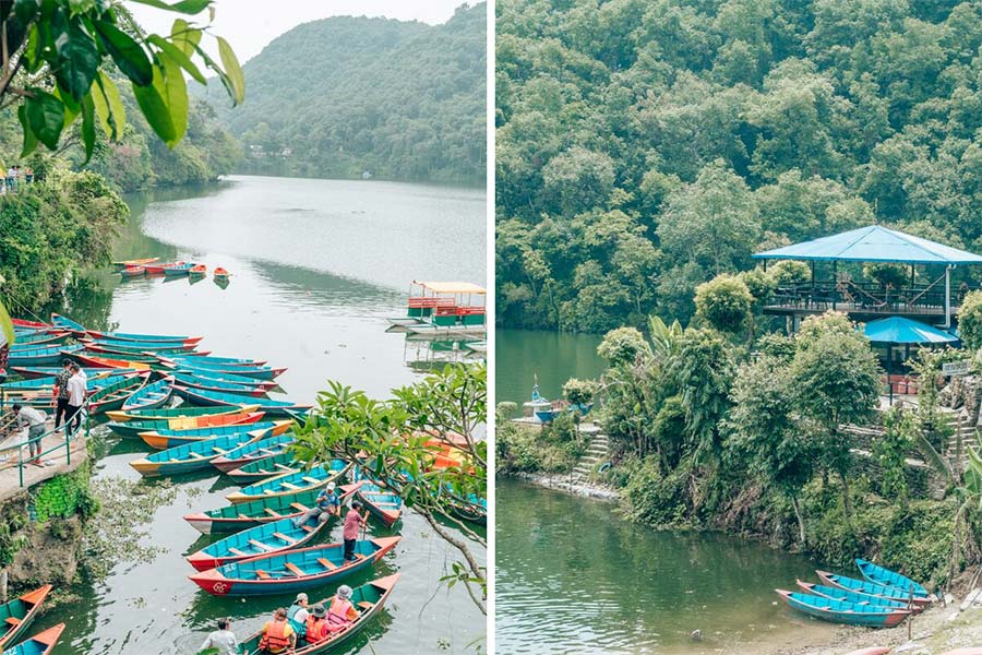 The view from above of the bright blue canoes on Pokhara Lake