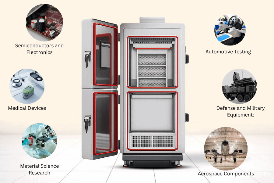 Thermal shock testing chamber applications in electronics, automotive, aerospace, medical devices, defense, and material science research