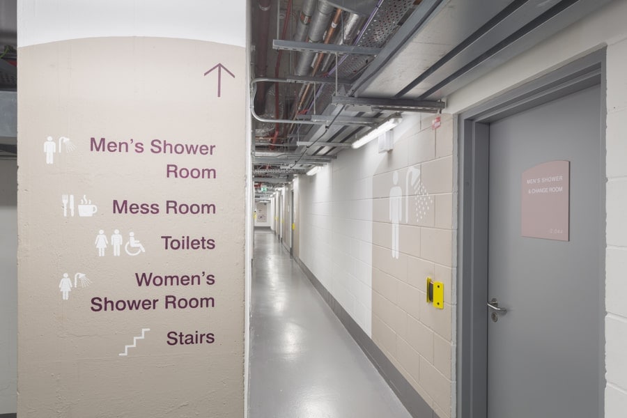 Examples of the large scale wayfinding and facility identification graphics in the wayfinding for the back of house areas in 20 Fenchurch ST