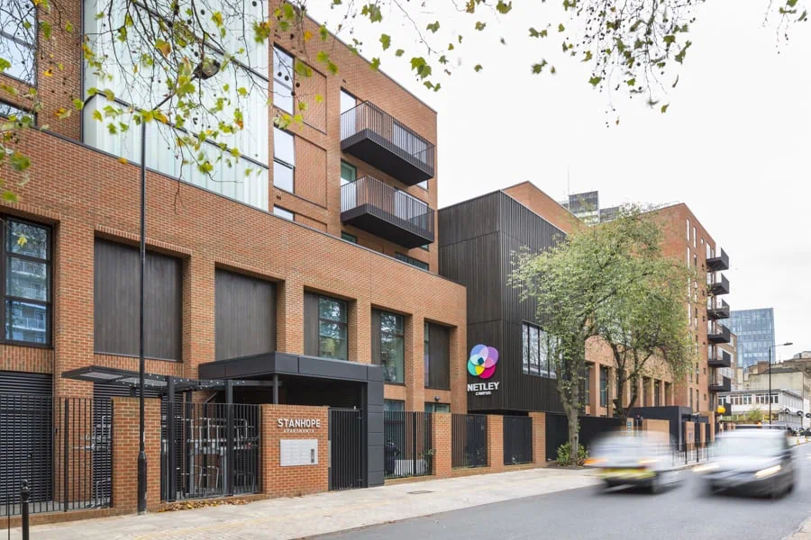 View down Stanhope St towards Stanhope Apartments and the entrance to Netley Campus