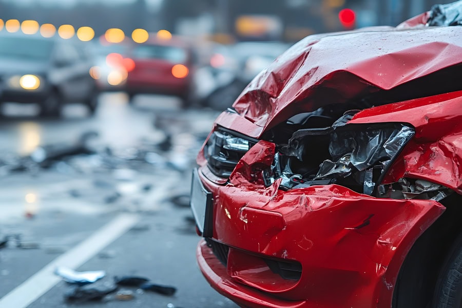 Side view of a wrecked red car on city street after a serious auto accident. Contact an Atlanta car accident lawyer to get the maximum compensation.
