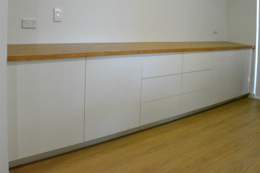Custom made Buffet Unit With White Oak Top. Custom made joinery and cabinet making.