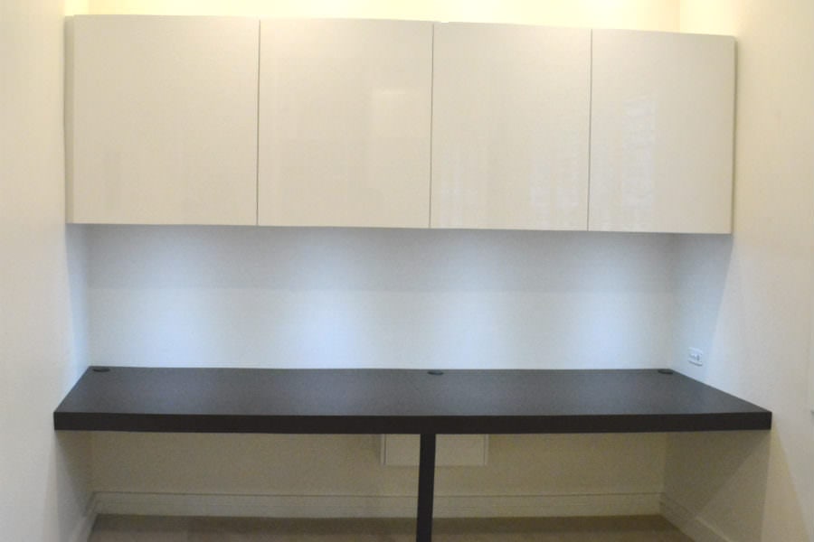 Custom made home office with led down lights. Custom made joinery and cabinet making.
