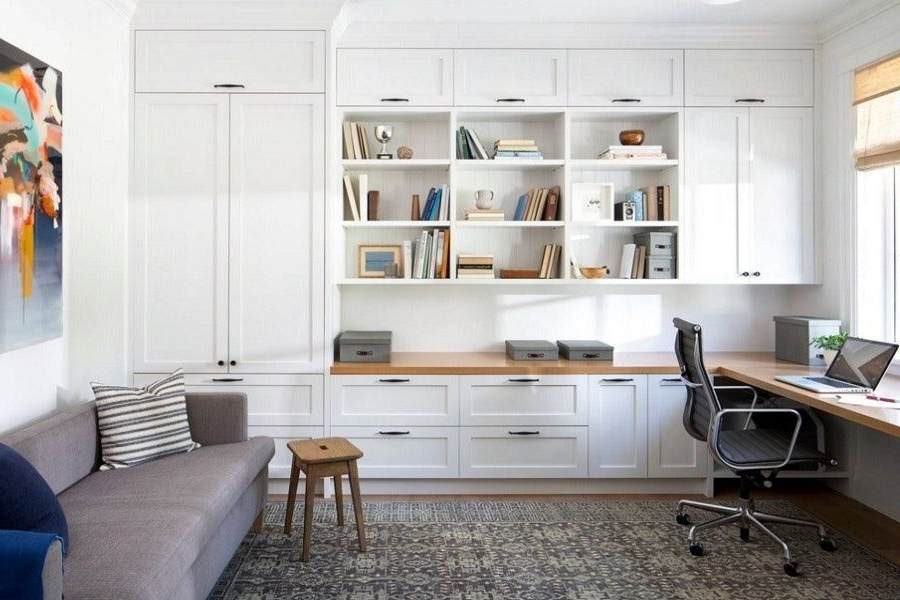Custom-made built-in home office. With shaker-style doors and soft close Blum hardware. Custom-made timber joinery and cabinet making.