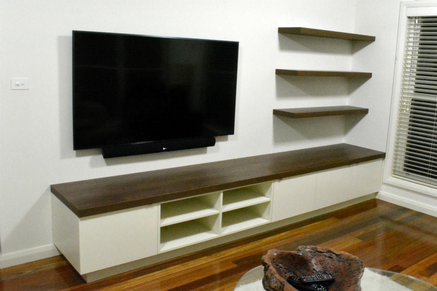 Custom-made Av unit with timber top. Made for a customer in Turramurra. Custom-made joinery and cabinet making.