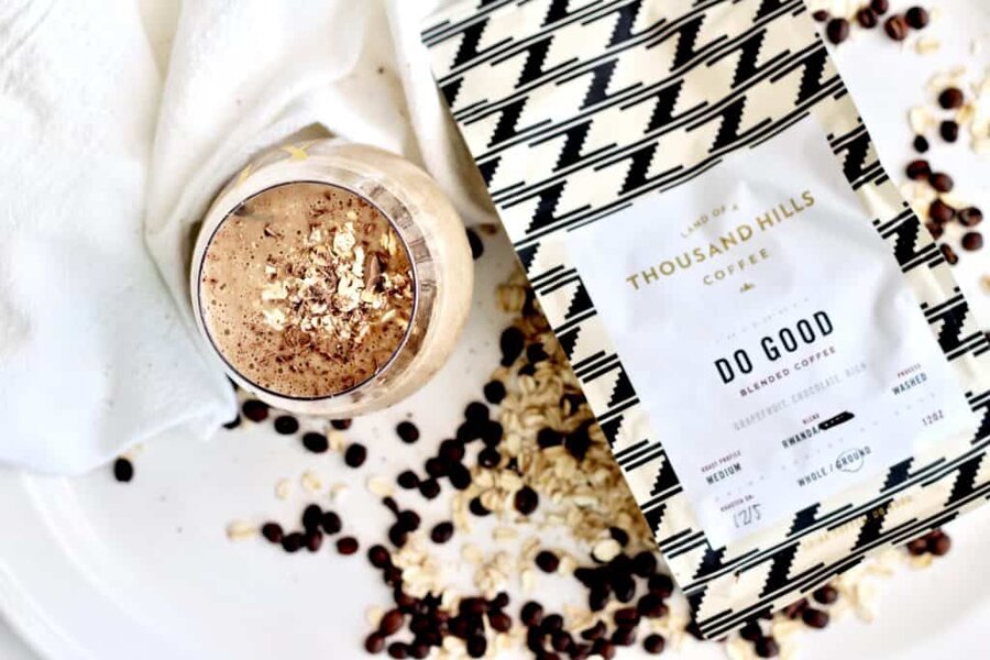 my coffee smoothie next to a bag of thousand hills ground coffee