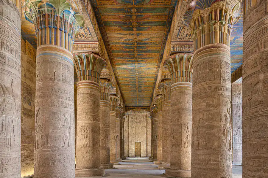 Colorful restored columns inside Esna Temple