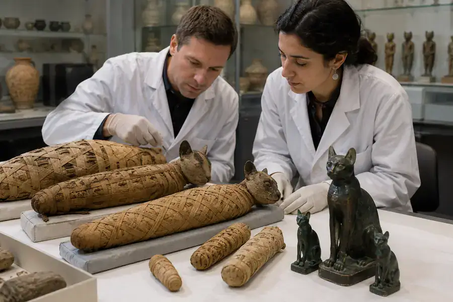 Ancient Egyptian cat mummies and bronze offerings